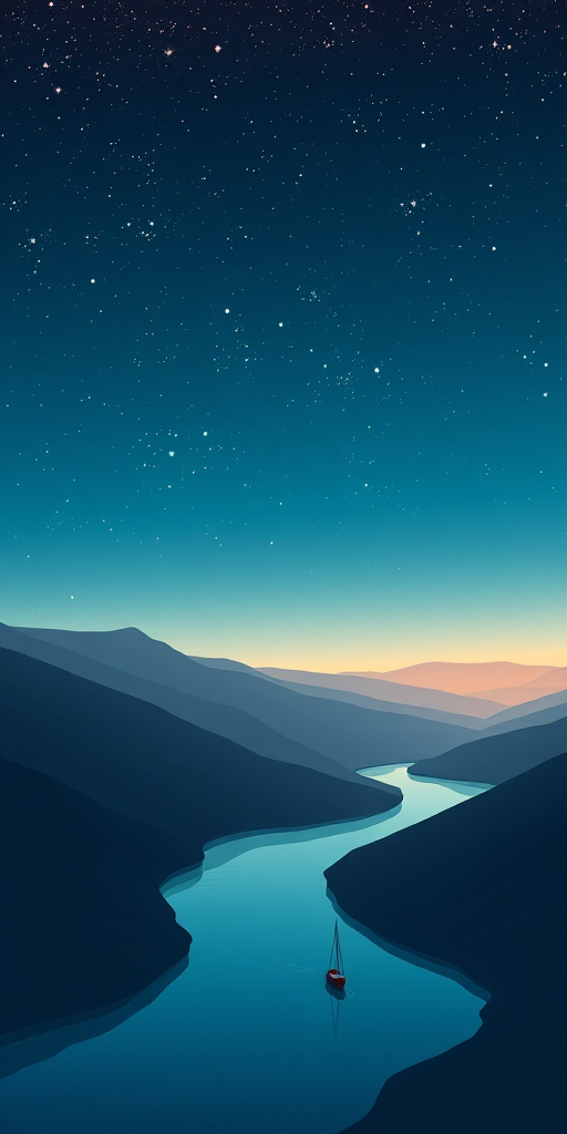 create a stylized digital artwork of a serene night landscape featuring rolling hills under a starry sky, with a winding river reflecting the stars, include a small boat floating on the river, use high-resolution digital art techniques, camera settings: f/8, ISO 100, shutter speed 1/60s, camera view: wide-angle, camera style: soft focus, camera type: digital DSLR