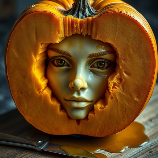 A hyperdetailed photorealistic macro color saturated high resolution image of a pumpkin cut in half, with the pumpkin pit being a highly detailed sculpted woman's face with her eyes open and pumpkin-colored irises. The face has a marble texture. The image includes condensation, moisture, and pumpkin juice. The pumpkin is on a wooden cutting board with a small fruit knife nearby, also covered with juice.