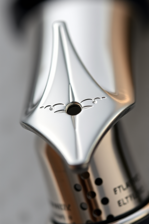 Create a high-resolution image of a silver fountain pen nib with intricate details using a macro lens, aperture f/2.8, ISO 100, natural light, 50mm focal length.
