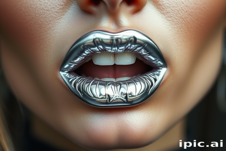 Metallic silver lips with a chrome-like finish, reflecting light and creating a futuristic, space-age look for an avant-garde runway show