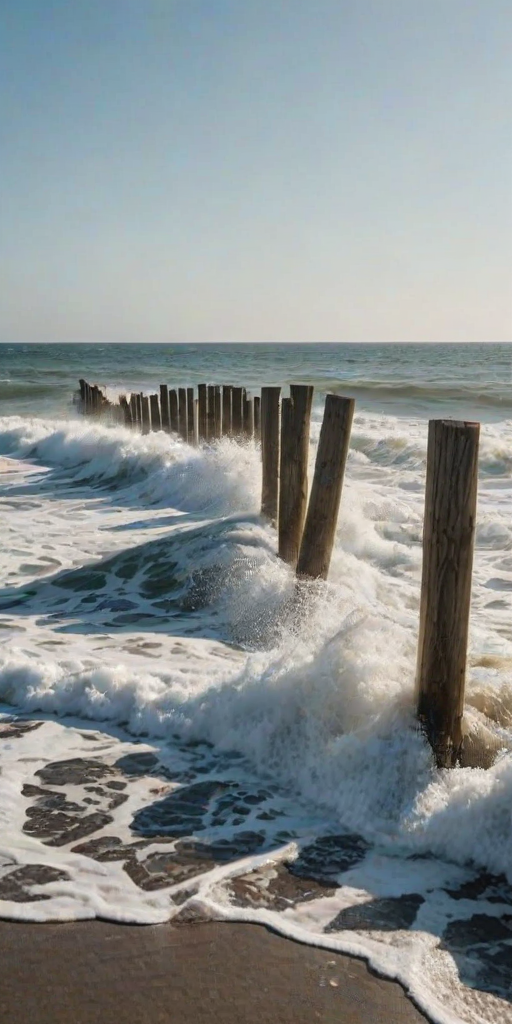 a seaside scene featuring waves crashing against a series of wooden posts extending into the ocean on a sunny day