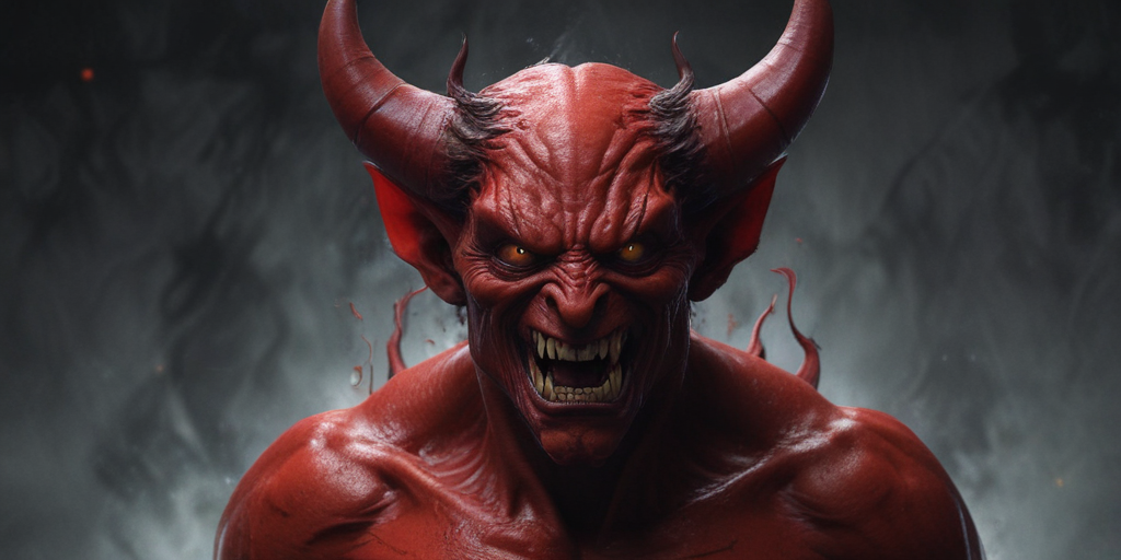 Intense Portrait of a Fierce Red Demon with Fiery Eyes and Horns