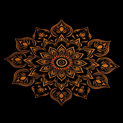 create a detailed mandala pattern with intricate floral designs on a black background, shot with a DSLR camera at f/8 aperture, ISO 100, 50mm lens in macro view for enhanced sharpness and texture, using a warm color palette for subtle highlights.