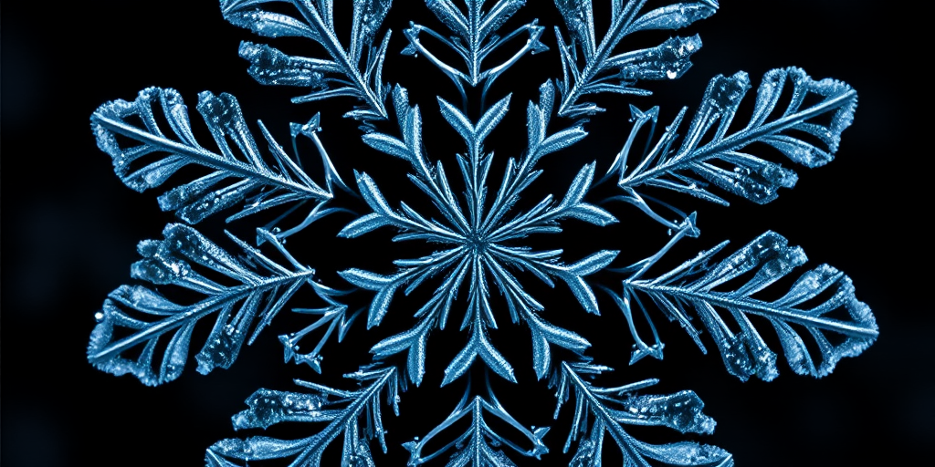 Create a detailed illustration of a snowflake with intricate patterns and symmetry, using a macro lens, aperture f/2.8, ISO 100, 100mm focal length, top-down view, high contrast lighting, digital camera.