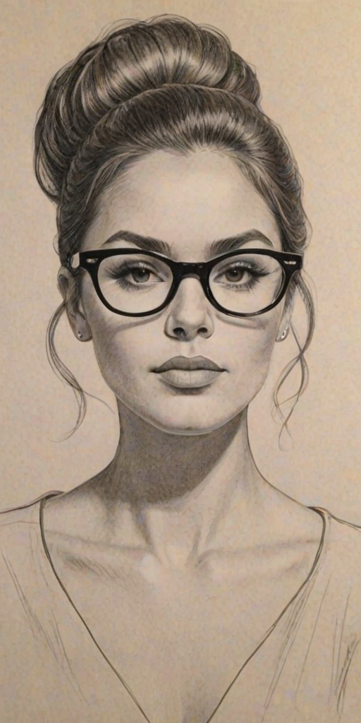 Gorgeous Mariana Trevino, pencil sketch, portrait of Resplendent woman 1962s in glasses, hair style beatnik, outline, clear lines, fine lines, 8k