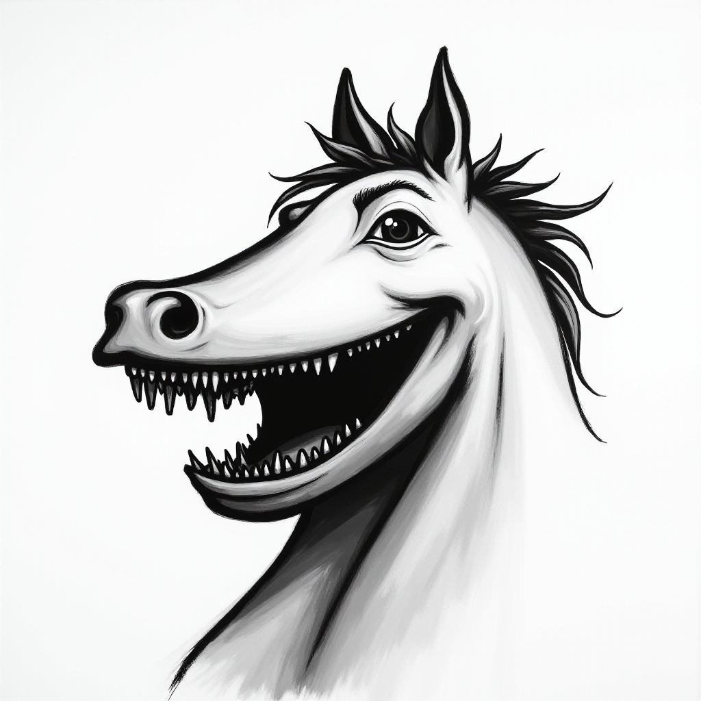 Abstract black and white acrylic portrait of an over exaggerated laughing (horse). Minimalism style. White background.