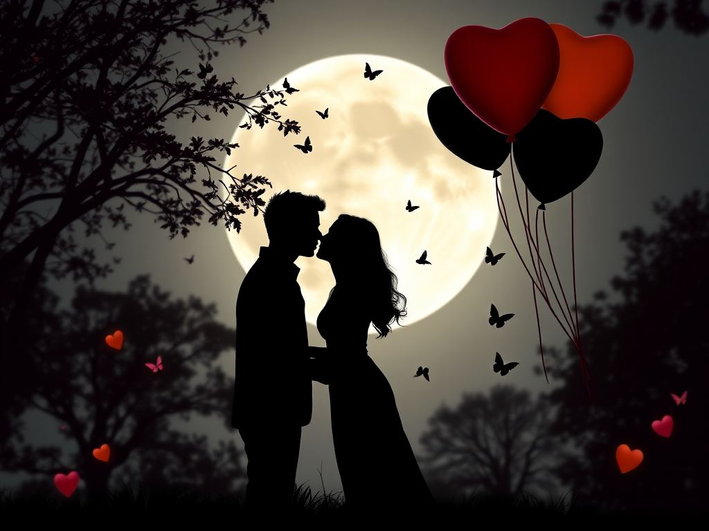 Create a romantic silhouette scene of a couple kissing under a full moon, surrounded by trees and butterflies, with colorful heart-shaped and black balloons floating in the background, shot with a DSLR camera, 50mm lens, f/1.8 aperture, ISO 100, and a slight bokeh effect to enhance depth.