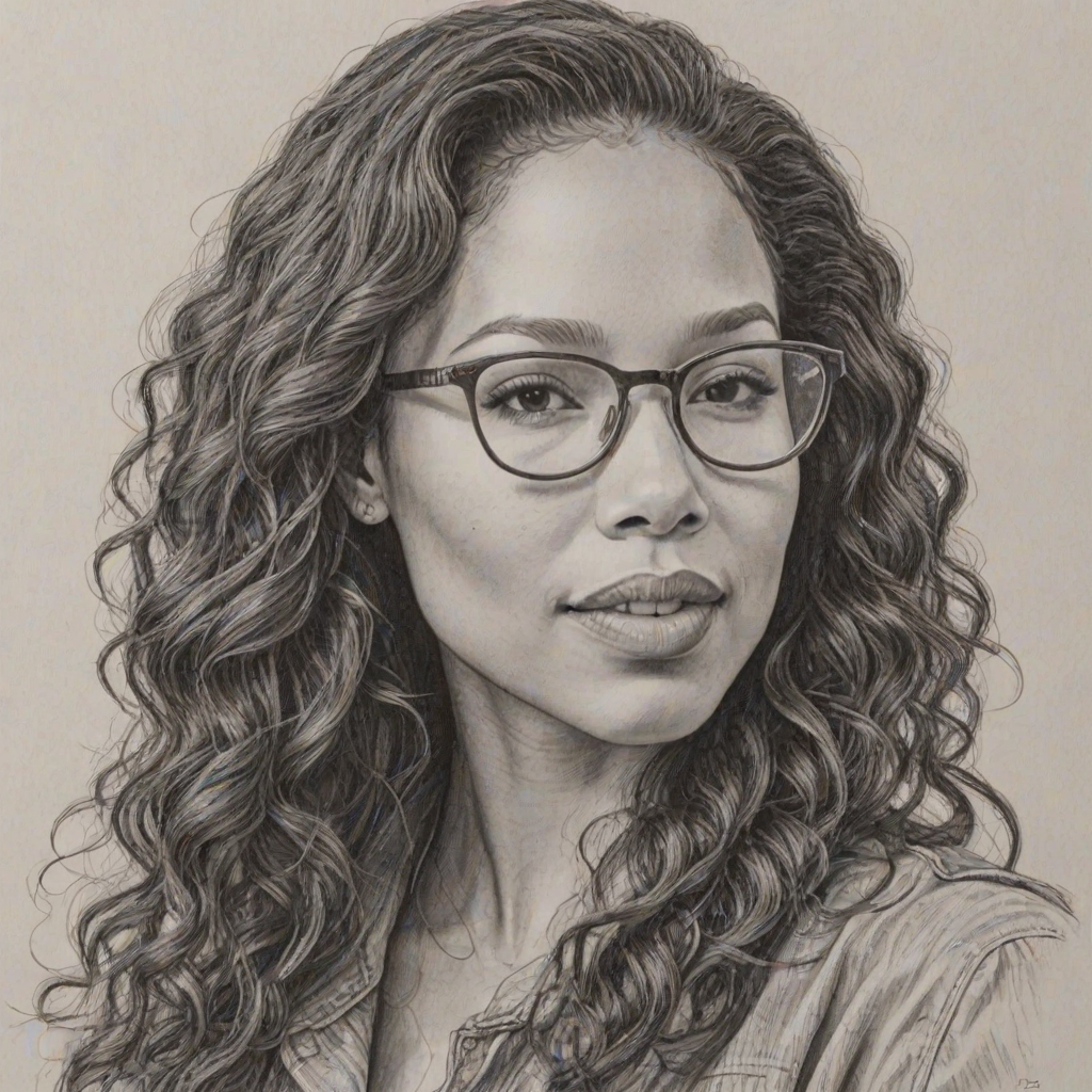 Radiant Jurnee Smollett, pencil sketch, portrait of Superb woman 1971s in glasses, hair style beatnik, outline, clear lines, fine lines, 8k