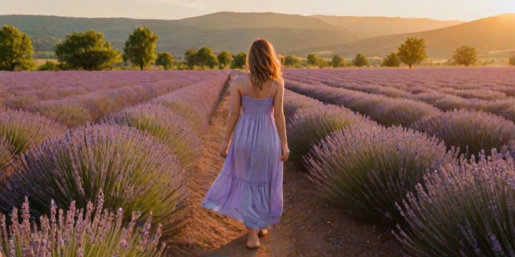 Sunrise over a lavender field, a woman in a flowing sundress walks barefoot among the blooms, the early morning light casting a golden hue over the vibrant purple flowers.