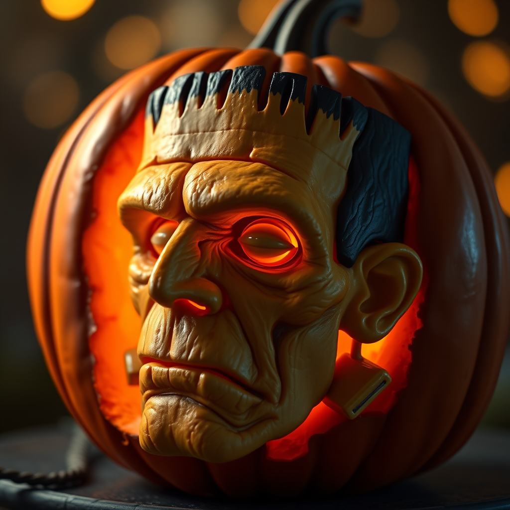 a pumpkin intricately carved in the face of a classic horror monster [Frankenstein] 3d, ultra-realistic, highly detailed, dramatic lighting, bokeh