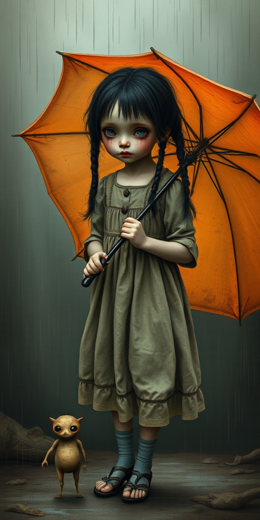 An eerie, weird little girl with dark hair in thin pigtails, wearing a smock dress, standing in the rain, holding a dirty orange umbrella, a small, odd creature beside her. In a surreal style inspired by Nicoletta Ceccoli and Brian Froud. Dark fantasy themes