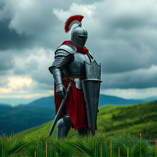 Generate an image of a medieval knight in full armor standing on a lush green hillside with a dramatic stormy sky, using a DSLR camera with a 50mm lens, aperture set to f/1.8 for shallow depth of field, ISO 400 for better light sensitivity, and a slow shutter speed of 1/60s to capture motion, while emphasizing vibrant colors and rich textures.