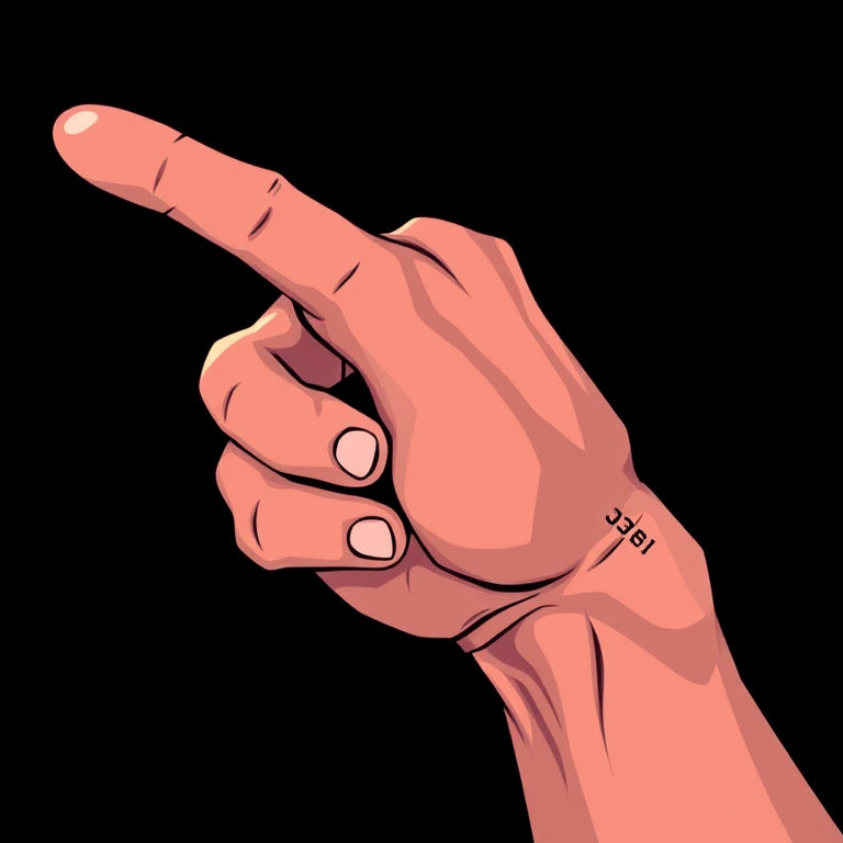Create a high-resolution illustration of a stylized hand pointing downward, using a 50mm lens at f/2.8, an overhead view with high contrast and sharp details, in digital art style, captured with a DSLR camera.