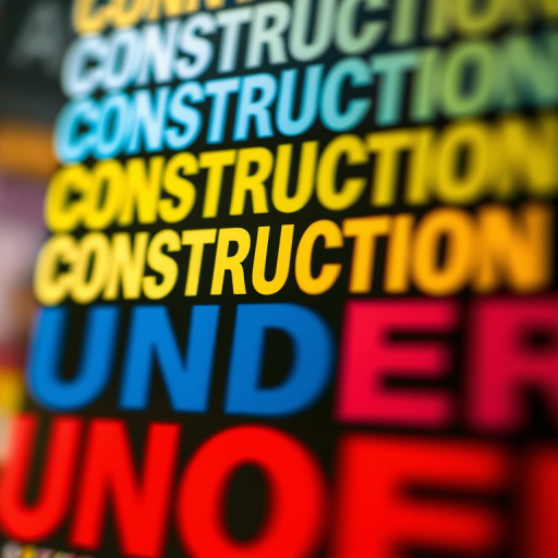 Create an abstract image featuring the repeated text "CONSTRUCTION UNDER" in varying colors and opacity, using a shallow depth of field with a 50mm lens at f/1.8, shot from a low angle with a DSLR camera to enhance clarity and contrast.
