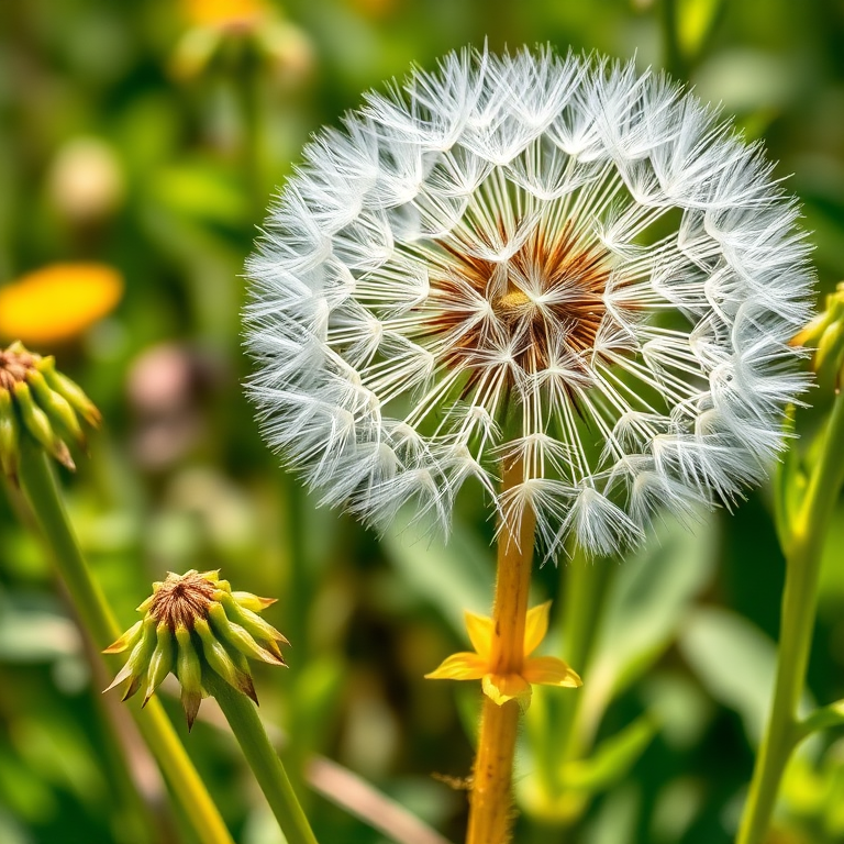 Detailed illustration of a dandelion plant with leaves and flowers, bright natural lighting, macro lens, f/2.8 aperture, 100mm focal length, iso 100, DSLR camera, high resolution, clear focus on details and textures.