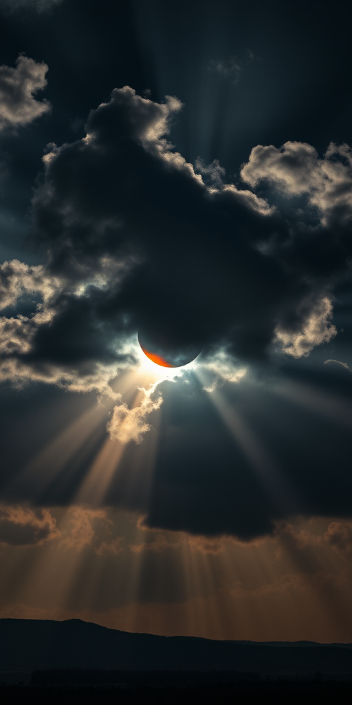 Capture a dramatic landscape featuring a total solar eclipse with dark clouds and rays of light emerging from behind the moon, using a DSLR camera, 24mm lens, aperture set to f/8, ISO 100, shot in manual mode with a tripod for stability, HDR technique for enhanced detail and dynamic range.