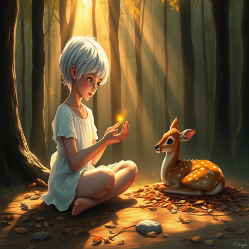 A luminous digital painting of a serene forest scene featuring a barefoot young female, about 7 years old, with white hair and fair skin, dressed in a simple white outfit. He sits cross-legged on the forest floor, gazing at a small, glowing, magical firefly in his hand. Beside him, a delicate spotted deer lies calmly on a bed of dried leaves, observing the scene. The dense forest is bathed in warm, golden light filtering through the trees, creating a peaceful, magical atmosphere with a blend of natural and mystical elements.
