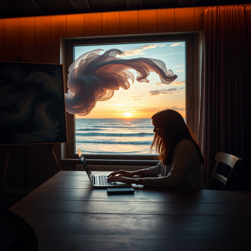 a woman sitting at a wooden desk with a laptop, beautiful surrealistic elements flowing from a painting, large window showing a seascape at sunset, warm lighting, 50mm lens, f/1.8 aperture, ISO 200, shot in soft focus, high dynamic range photography