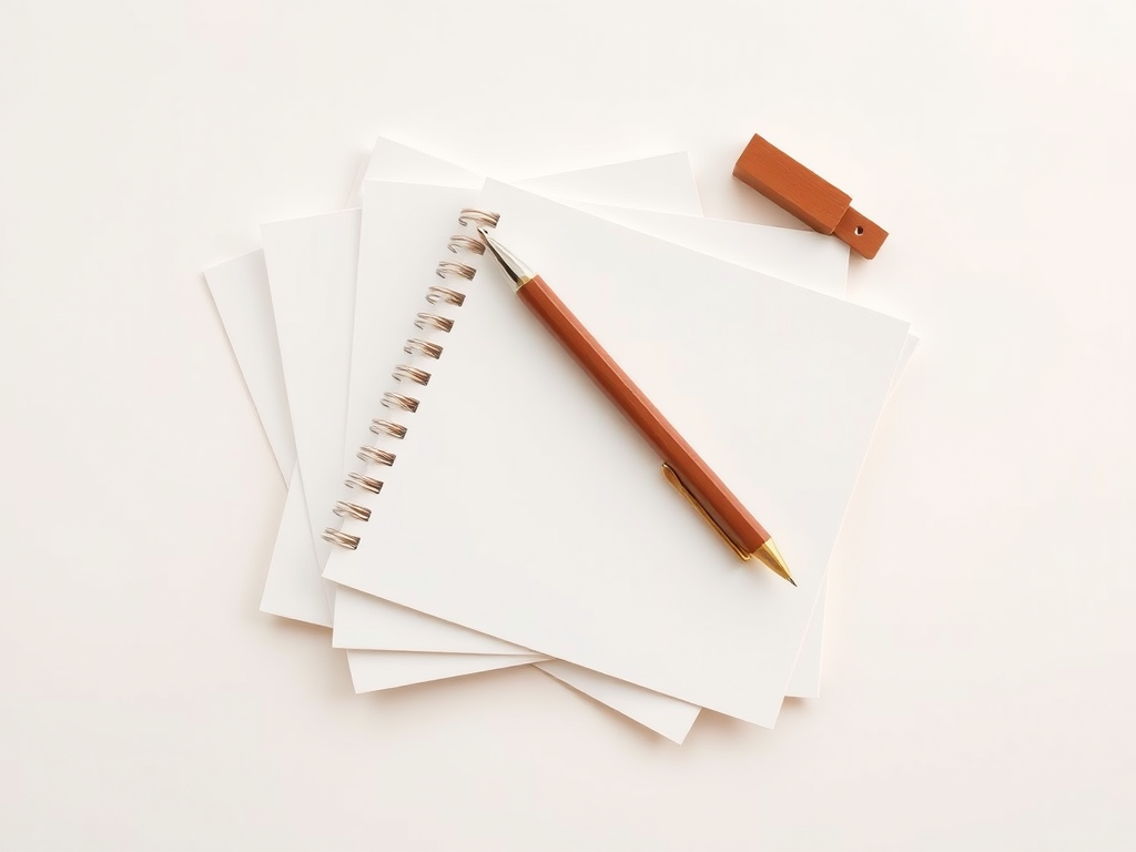 Generate a minimalist illustration of a notepad with several sheets of paper and a brown pen writing on it, in soft pastel colors, shot with a DSLR camera at f/2.8 aperture, 50mm lens, and top-down view to enhance image clarity and quality.