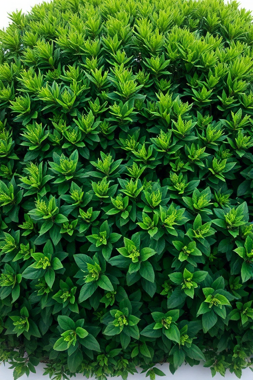 generate a detailed illustration of lush green bushes with varying shades of foliage, use a DSLR camera with a 50mm lens, aperture set to f/8 for sharpness, ISO 200 for low noise, and a slight depth of field to enhance texture and detail in the greenery, capture from a slightly elevated angle to showcase the bush's volume and form