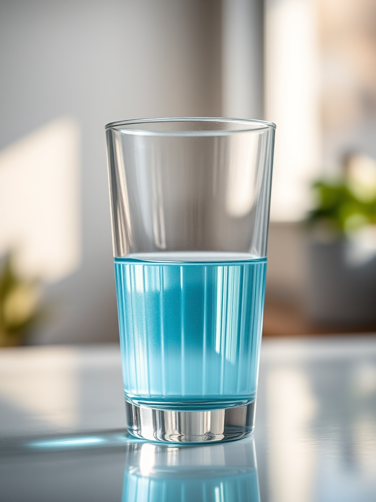 Create a high-resolution image of a clear glass filled with a light blue liquid, shot with a DSLR camera at f/2.8 aperture, ISO 100, 50mm lens, bright natural lighting, focusing sharply on the glass with a soft blurred background.