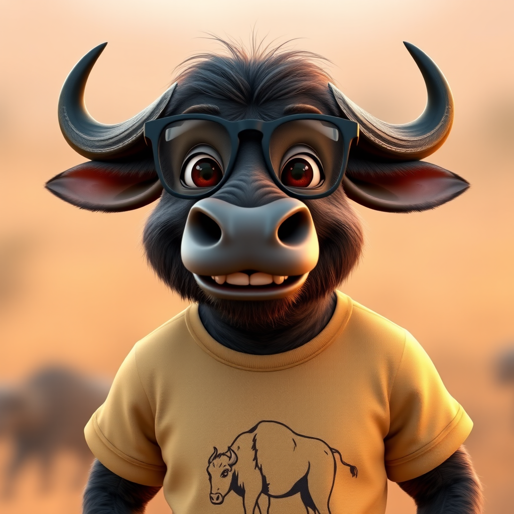 Hyperrealistic 3D render of a smiling cartoon Cape Buffalo wearing glasses and a beige t-shirt with a smaller buffalo image printed on it, missing some teeth, set against a blurred African savanna background, detailed fur, 8k resolution, octane render, artstation trending.