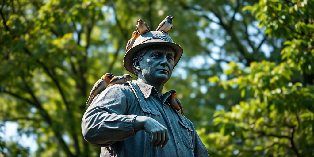 statue of a worker with birds perched on his hat and arm, surrounded by lush green trees, shot with a Canon EOS R5 at f/2.8, ISO 100, 50mm lens, natural lighting, shallow depth of field for a soft background blur