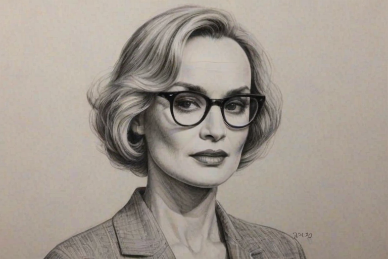 Superb Jessica Lange, pencil sketch, portrait of Wonderful woman 1921s in glasses, hair style beatnik, outline, clear lines, fine lines, 8k