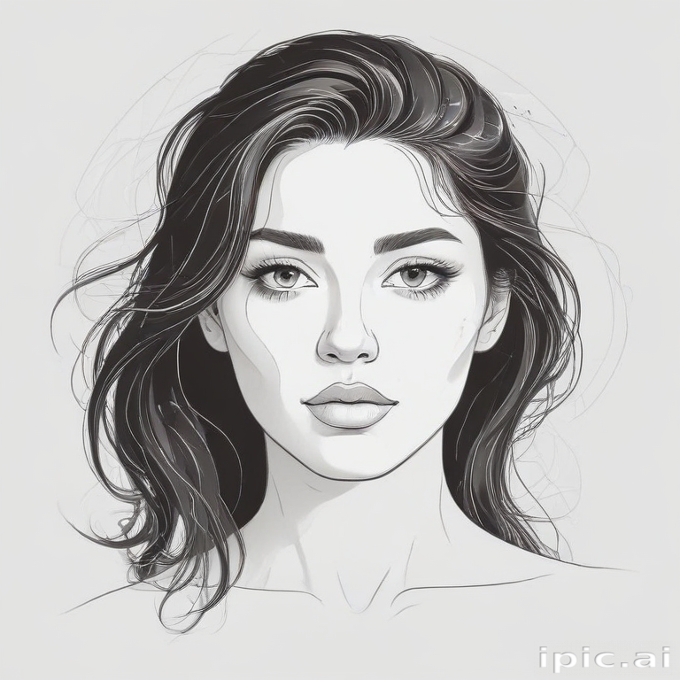 Stylized Portrait of a Young Woman with Flowing Hair and Striking Features