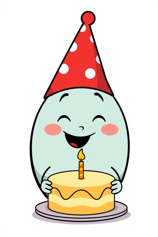 A cartoon character with a round body wearing a festive red party hat holding a cake with a candle on a plate smiling happily in a simple, colorful style.