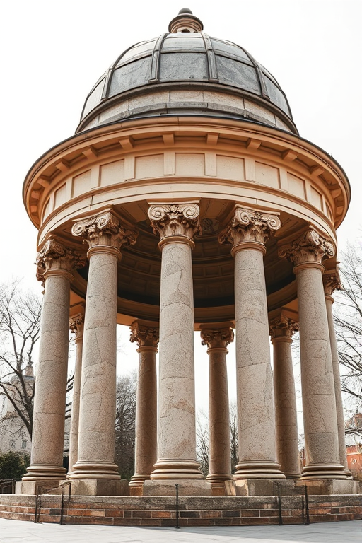 Regenerate an ornate stone gazebo with a dome, surrounded by four sturdy pillars, highly detailed textures, captured from a low angle to emphasize its grandeur, using a DSLR camera at f/8 aperture, 24mm lens, ISO 100, with natural lighting to enhance the image quality.