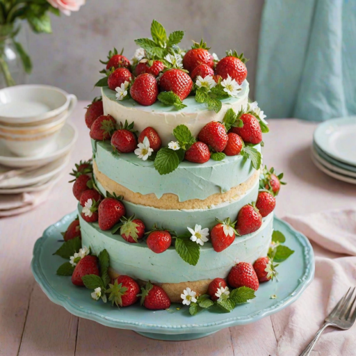 Create an image of a two-tiered cake decorated with fresh strawberries and mint leaves. The cake should have a smooth white icing, and the layers should be visible, showcasing a filling of strawberries. Add some edible flowers for an elegant touch, and place the cake on a light blue plate against a soft pastel background.