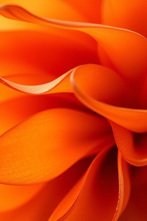 Create an abstract image with flowing layers of orange and red hues, using a macro lens with a shallow depth of field, f/2.8 aperture, ISO 100, 50mm focal length, shot in natural light to enhance details and textures.