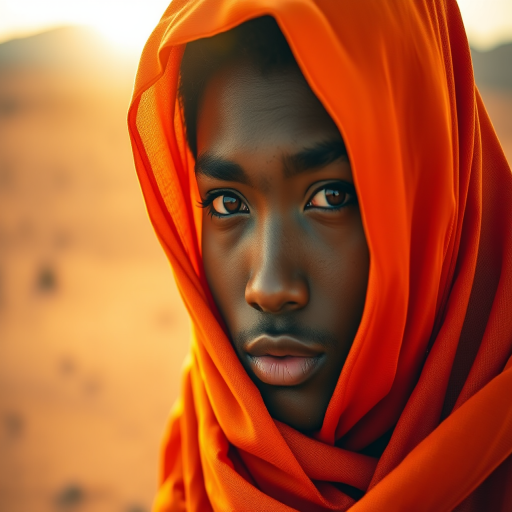 Capture a close-up portrait of a figure draped in an orange fabric, partially obscured, set against a vast desert landscape with soft, warm sunlight illuminating the scene; use a Canon EOS R5 with a 50mm lens at f/1.8, ISO 100, and a shutter speed of 1/2000s for vibrant colors and sharp details.