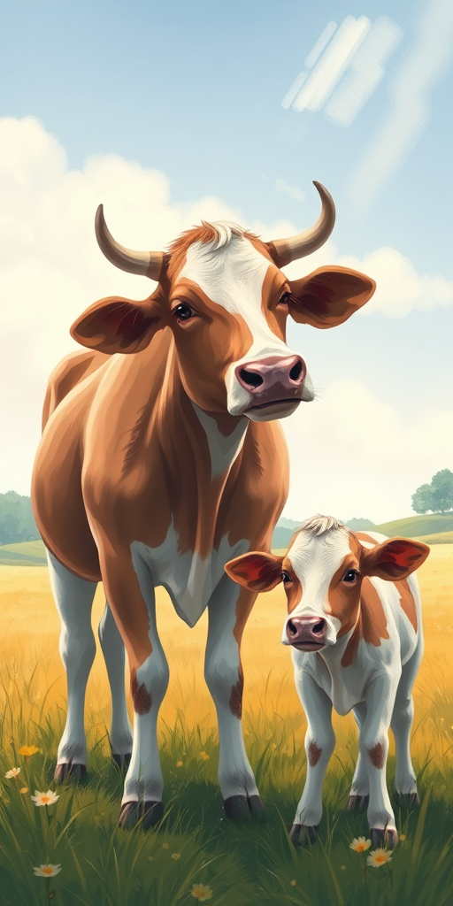 Create an illustration of a cow and a calf in a pastoral scene, captured with a DSLR camera at ISO 200, f/4, 1/250s, with a shallow depth of field for a soft background, in a natural light style.