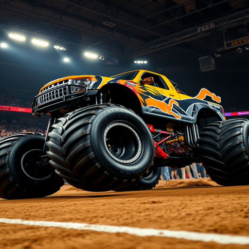 Create a high-resolution image of a fierce monster truck featuring a roaring lion design, set in an indoor stadium with a cheering crowd, captured with a DSLR camera at ISO 100, f/2.8, 1/500s, using a wide-angle lens and low-angle view to emphasize the truck's powerful stance and motion blur.