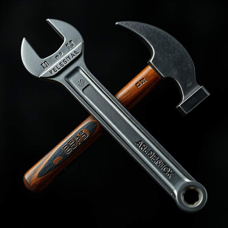 Create a high-resolution image of a crossed wrench and hammer, use a Canon EOS R camera, f/5.6 aperture, 1/125 shutter speed, ISO 100, with a macro lens for clear detail and a soft-focus background.