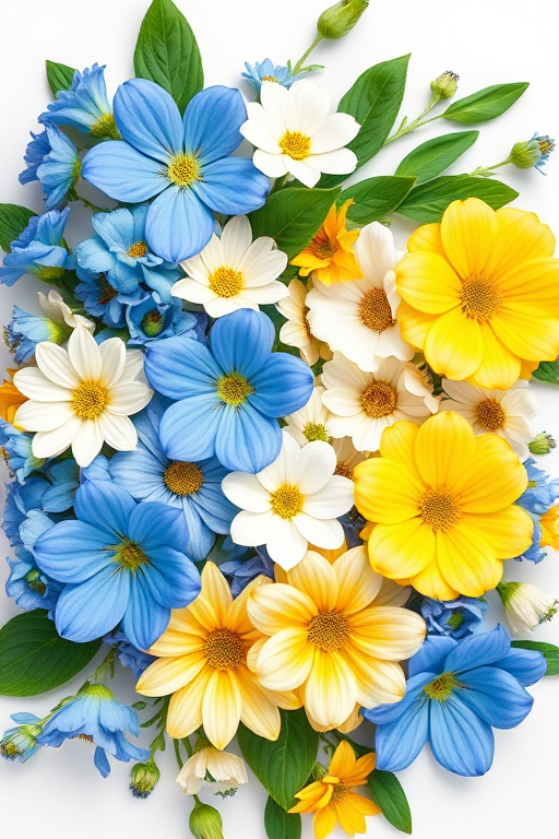 Create a vibrant floral arrangement featuring blue, white, and yellow flowers with green leaves on a blank white background, captured with a Canon EOS R5, 50mm lens, f/2.8 aperture, ISO 100, in natural light for enhanced color and detail.