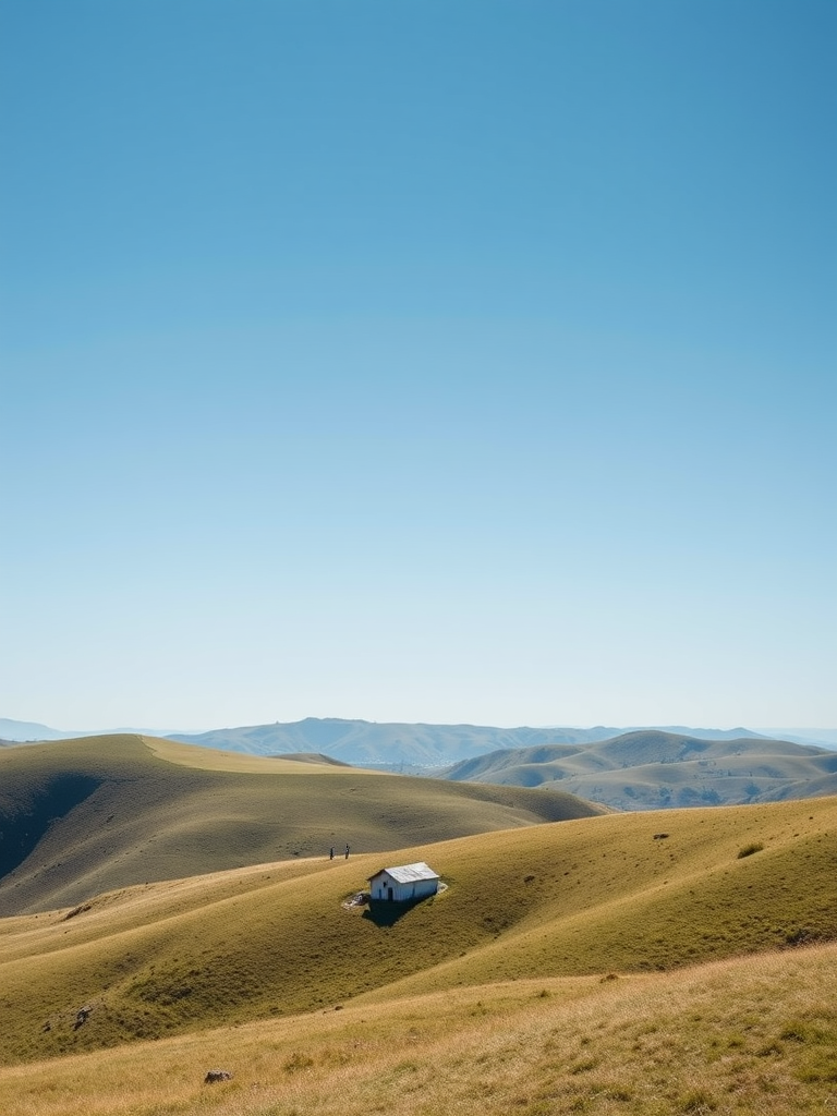 Create a high-resolution image of a serene landscape with rolling hills under a clear blue sky, shot with a Canon EOS R5 at f/8, 1/125 sec, ISO 100, in landscape mode with a wide-angle lens.