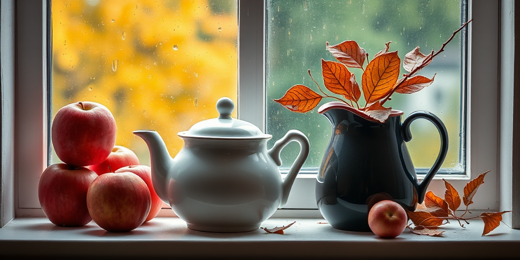 still life of red and green apples, a white teapot and a dark pitcher with leaves in a window during rain, warm autumn colors, natural light, 50mm lens, f/1.8 aperture, ISO 200, soft focus, DSLR camera