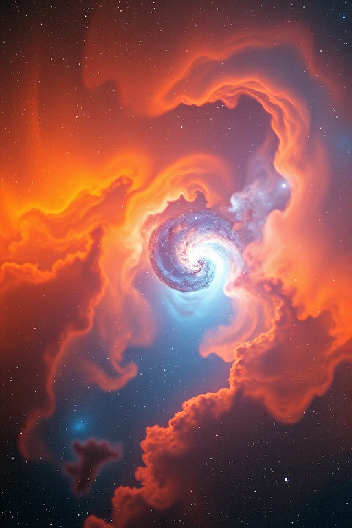 Create a high-resolution image of a vibrant cosmic scene with swirling nebulae in orange, blue, and white hues, captured using a DSLR camera at ISO 100, f/8 aperture, 1/200 sec shutter speed, wide-angle lens, and a panoramic view for enhanced depth and detail.
