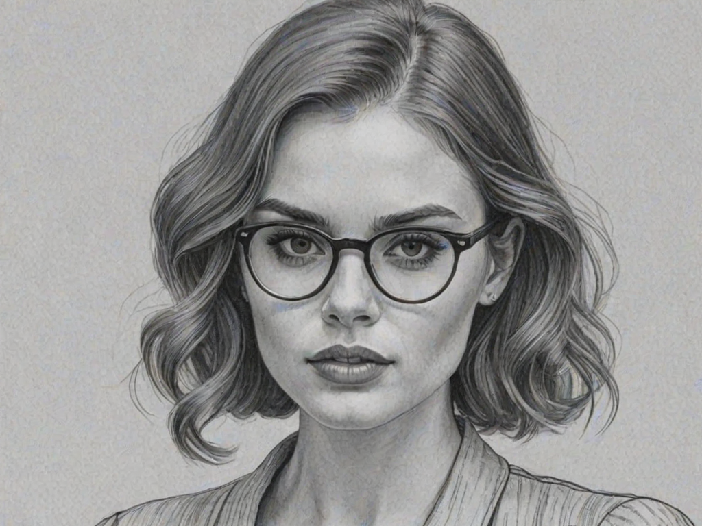 Sublime Holland Roden, pencil sketch, portrait of Gorgeous woman 1932s in glasses, hair style beatnik, outline, clear lines, fine lines, 8k