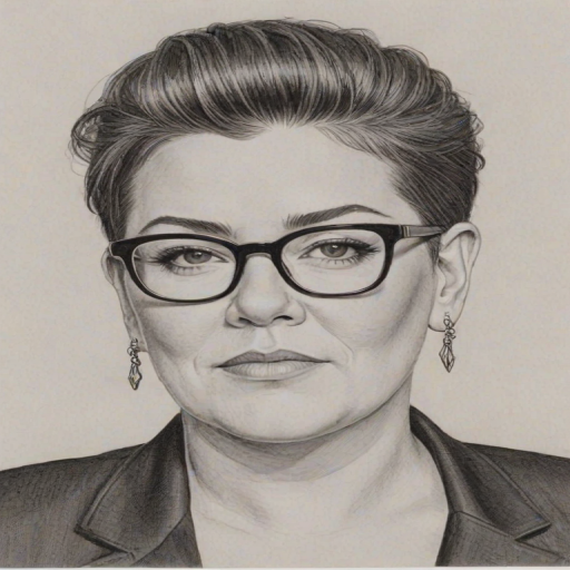 Resplendent Lea DeLaria, pencil sketch, portrait of Graceful woman 1966s in glasses, hair style beatnik, outline, clear lines, fine lines, 8k