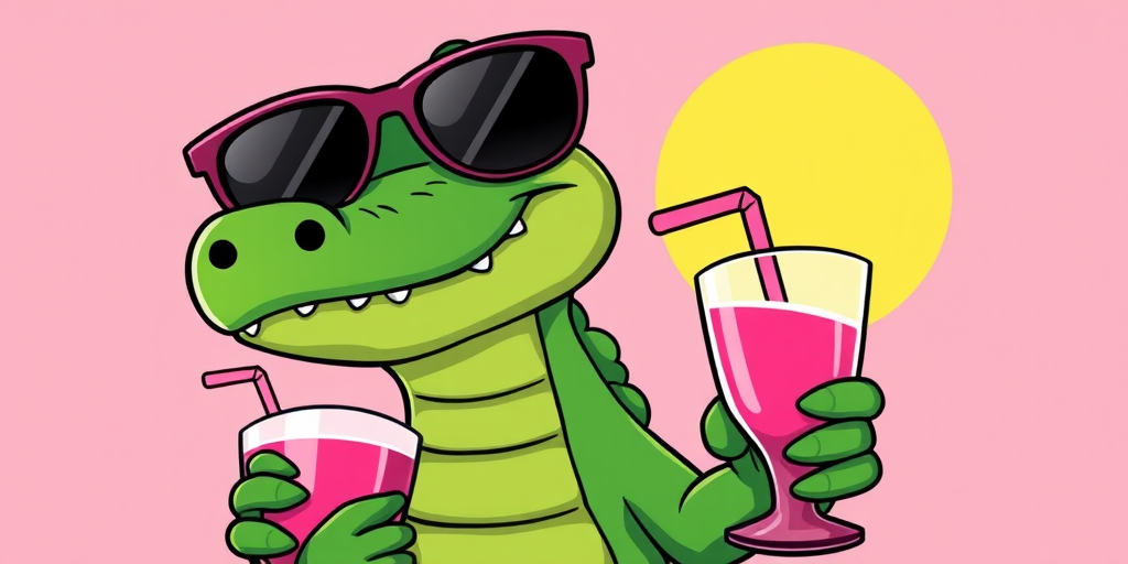 cartoon crocodile wearing sunglasses and holding a pink drink, simple background with a sun, bright colors, soft focus, camera settings: f/5.6 aperture, 1/125 shutter speed, ISO 200, camera view: close-up, camera style: playful and vibrant, camera type: digital illustration