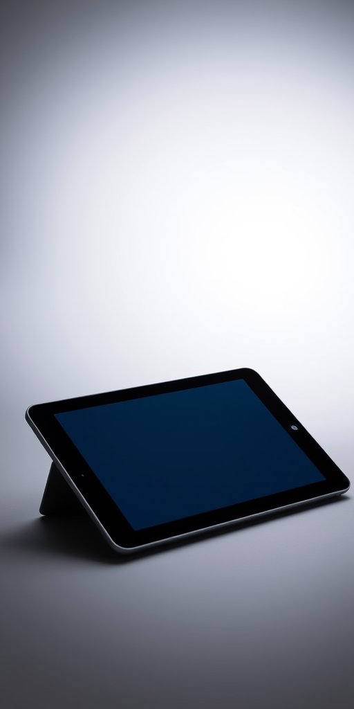 Create a high-resolution image of a modern tablet with a sleek design, utilizing a Canon EOS 5D Mark IV camera with a 50mm f/1.8 lens, set to ISO 100, aperture f/4, and a shutter speed of 1/125 sec, in a studio lighting setup to enhance clarity and details.