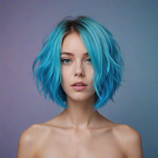 Image of a person with their hair styled upright,  in a cylinder shape. The hair  color is neon blue and appears to be held in place by a hair product, giving it a fluffy texture. The background is nondescript, and the person's face is looking at the viewer nervously.
