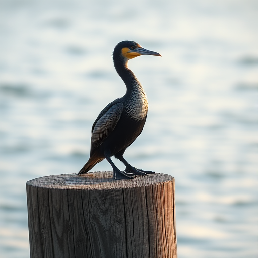 capture a cormorant perched on a weathered wooden post by the water's edge in soft, diffused light with a shallow depth of field using a DSLR camera with a 200mm lens at f/4, ISO 100, 1/200s, shooting from eye level to enhance the subject's details and reduce background distractions