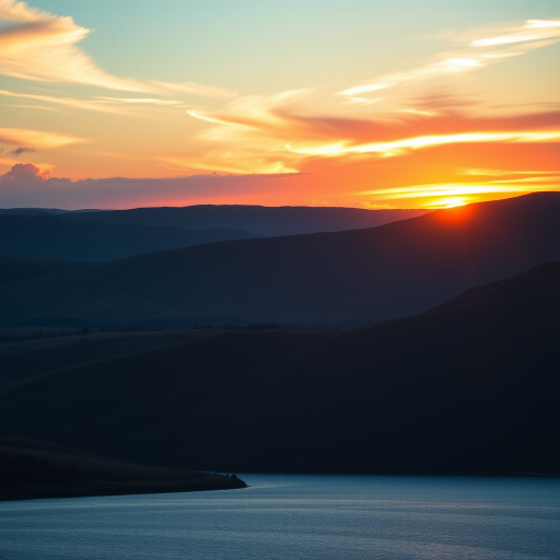 Generate an image of a serene landscape featuring rolling hills, a vibrant sunset sky, and a calm lake in the foreground, shot with a Canon EOS 5D Mark IV, aperture f/8, ISO 200, shutter speed 1/125s, wide-angle lens at 24mm, in landscape orientation for enhanced clarity and detail.