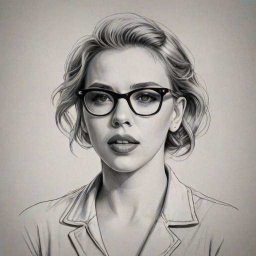 Exquisite Scarlett Johansson, pencil sketch, portrait of Captivating woman 1925s in glasses, hair style beatnik, outline, clear lines, fine lines, 8k