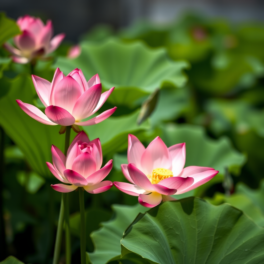 Lotus flowers in vibrant pink against lush green leaves, taken with a Canon EOS 5D Mark IV, 50mm lens, aperture f/1.8, ISO 100, natural light, shallow depth of field, soft focus background.
